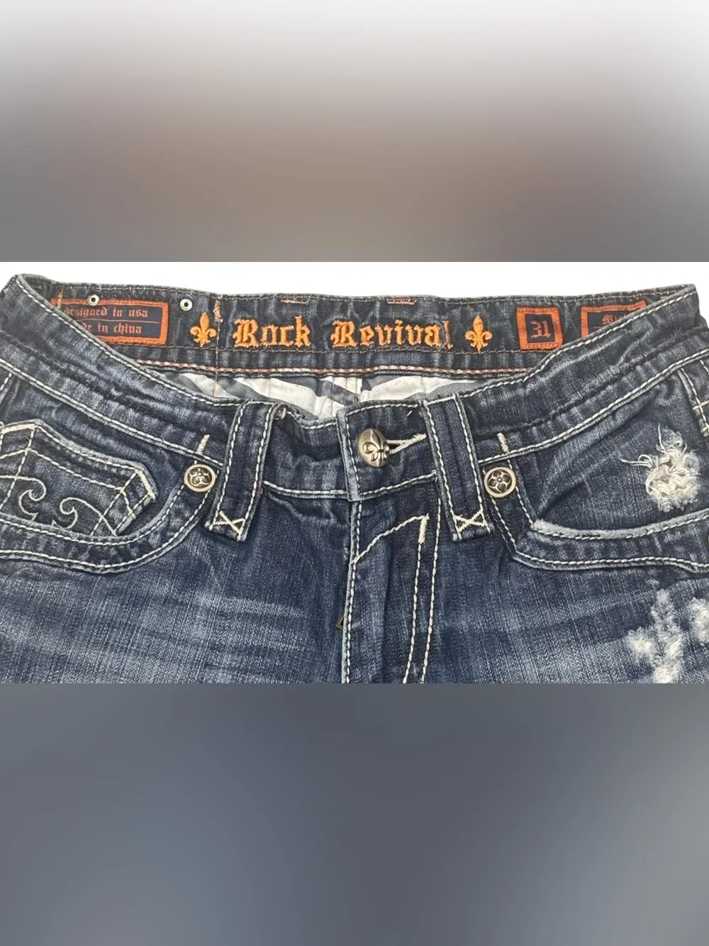 Rock Revival Mick Boot Jeans Men’s 31 Distressed Dark Wash Embroidered Pocket - Picture 2 of 6
